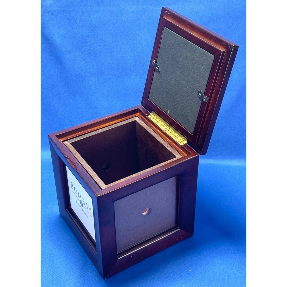 Bombay Co Wood Photo Cube Square Box 5 Glass Sides Hinged Lid 3.5